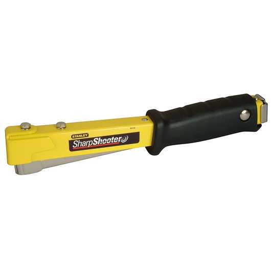 Stanley SharpShooter staple gun with a yellow body and black handle, suitable for heavy-duty stapling tasks.
