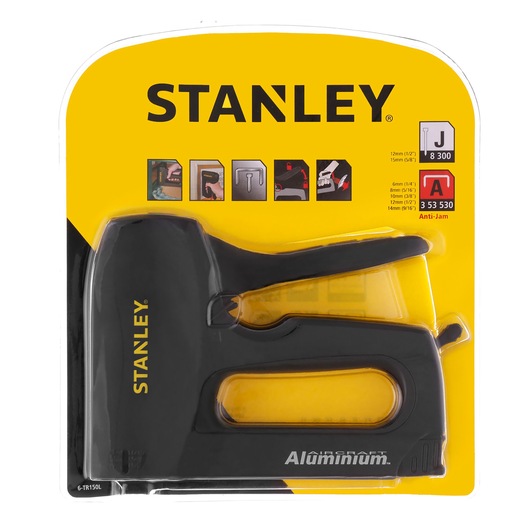Photo of STANLEY 6-TR150L aluminum stapler in retail packaging, side angle, black and yellow design.