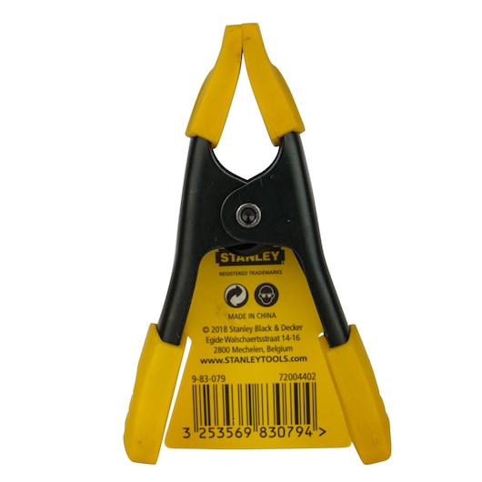 STANLEY 9-83-079 spring clamp with yellow and black handles, rear product photography on white background.