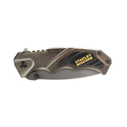 STANLEY FMHT0-10311 folding pocket knife, metallic handle, black grip, side view, white background.