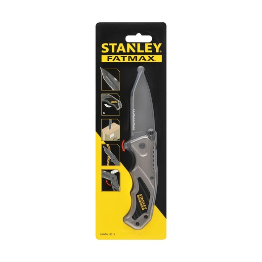STANLEY FMHT0-10311 FATMAX folding knife, front angle, in retail packaging with blade features shown.