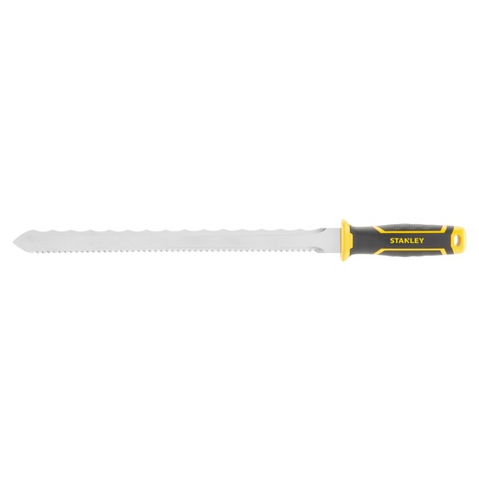 STANLEY FMHT0-10327 hand saw with serrated stainless steel blade and black-yellow handle, side view.