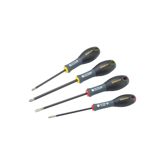STANLEY FMHT0-62060 screwdriver set with black and yellow handles, four pieces, flat and Phillips, front angle.