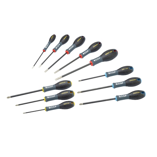 STANLEY FMHT0-62064 screwdriver set with ten black and yellow handles, flathead and Phillips types, top view.