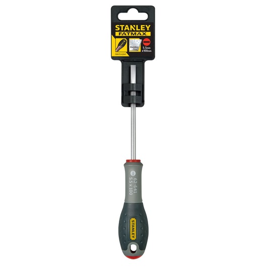 STANLEY FMHT0-62641 slotted screwdriver, grey and black handle, front angle on white background.