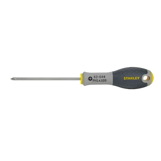 Stanley Phillips screwdriver with grey and black handle and yellow accents, labeled PH1x100 and 62-644.