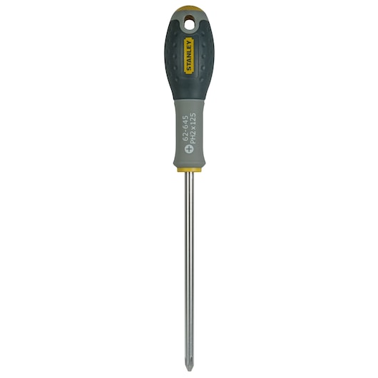 Photo of STANLEY FMHT0-62645 Phillips screwdriver with black and yellow handle, front view on white background.