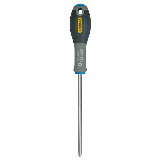 Photo of STANLEY FMHT0-62647 Phillips screwdriver with black and grey ergonomic handle, front angle on white background.