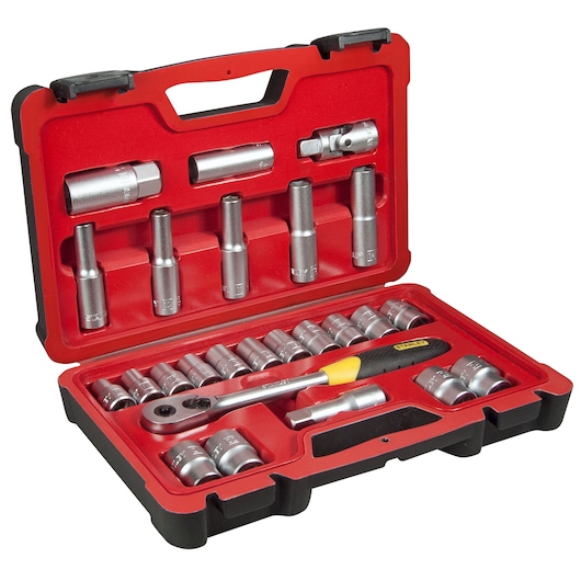 Red case containing a socket wrench set with assorted sockets and accessories, organized in molded slots.