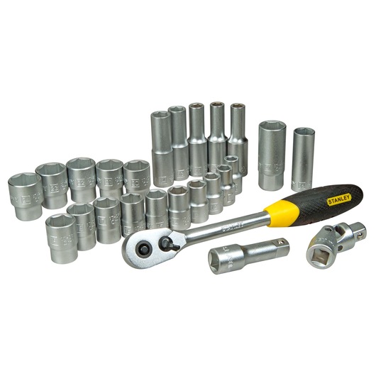 Stanley socket and ratchet set with various sizes, metal sockets and a black-yellow handled ratchet tool.
