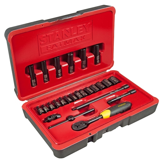 Stanley Fatmax socket wrench set in an open red and black case with various sockets and tools organized inside.