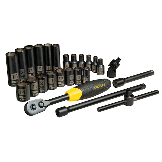 Stanley socket wrench set with ratchet handle, extensions, and multiple socket sizes.