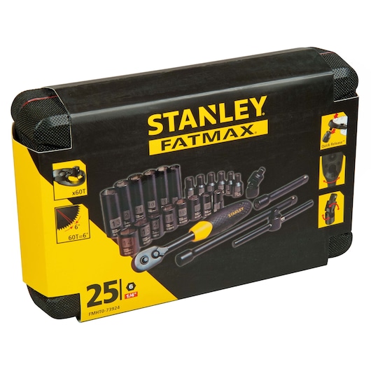 Photo of STANLEY FMHT0-73924 socket and ratchet set in black and yellow case, front angled view.