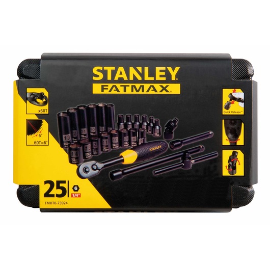 STANLEY FATMAX FMHT0-73924 25-piece socket set in black and yellow case, front angle photo.