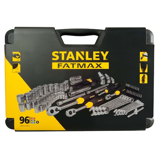 STANLEY FMHT0-73925 mechanics tool set in black case, showing 96-piece socket and wrench assortment, front angle.