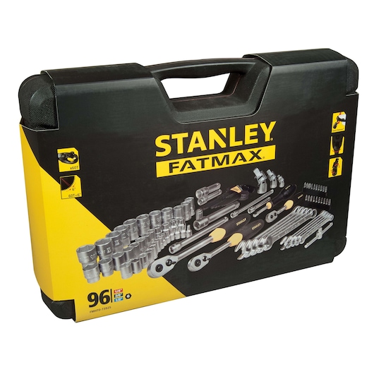 STANLEY FMHT0-73925 FATMAX 96-piece socket and ratchet set in black and yellow hard plastic carry case, front angle.