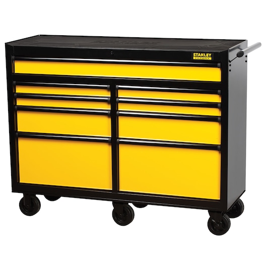 STANLEY FMHT0-74029 tool chest cabinet, yellow and black, front angle, on wheels.