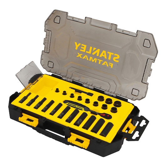 Stanley socket and bit set in a yellow and black case with transparent lid, assorted tools neatly arranged inside.