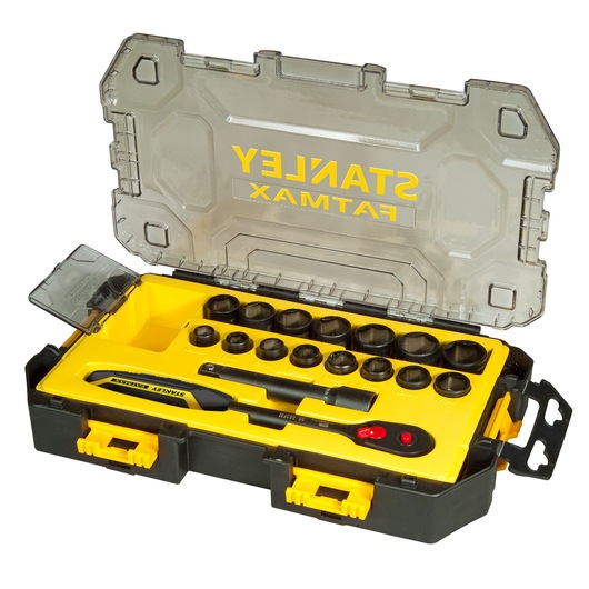 STANLEY FMHT0-74716 socket and ratchet set in black and yellow case, photography of set with open transparent lid.