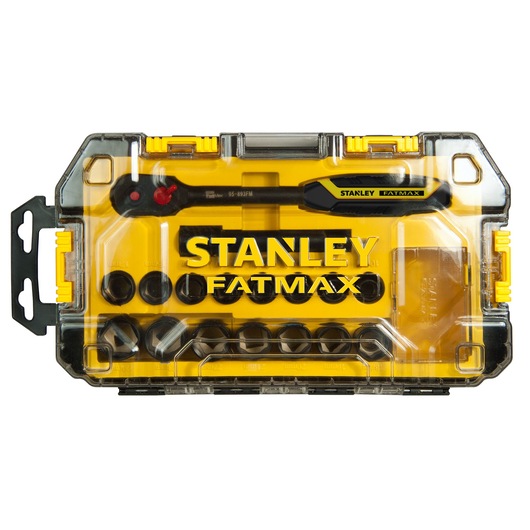 STANLEY FMHT0-74716 socket set with ratchet and sockets in transparent yellow case, top view.