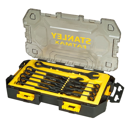 STANLEY FMHT0-74717 wrench set in a yellow and black hard case, lid open, product photography, front angle.