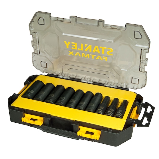 Stanley Fatmax socket set in a black and yellow case with transparent lid, sockets arranged in compartments.