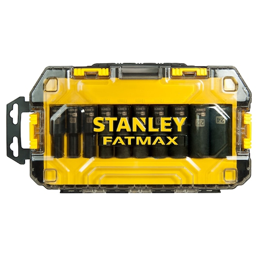 STANLEY FMHT0-74720 socket set in yellow and black hard case, front angle, showing eight sockets inside.