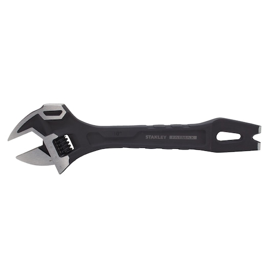 STANLEY adjustable wrench with black handle, labeled FatMax, 10 inch, for tightening and loosening nuts.