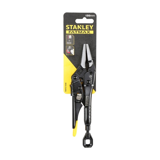 STANLEY FMHT0-75438 locking pliers, black with yellow handle tip, shown in retail packaging, front angle.