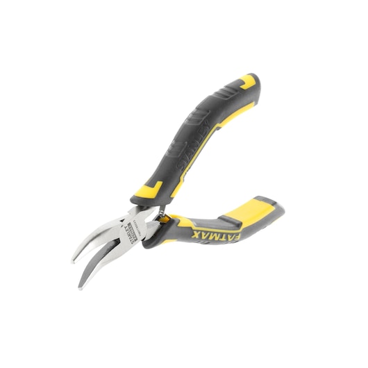 Stanley FATMAX pliers with curved jaws and yellow-black ergonomic handles on white background.