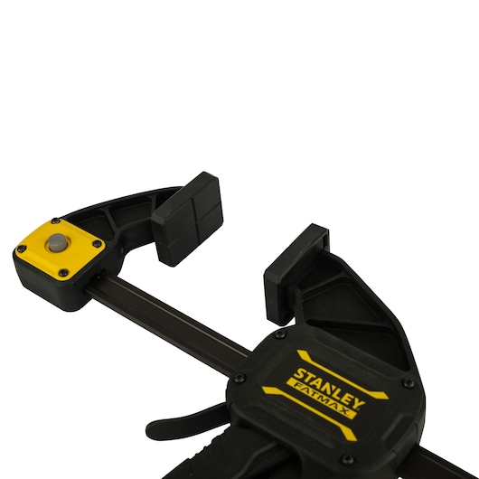 STANLEY FMHT0-83234 bar clamp with black and yellow accents, close-up angle on white background.