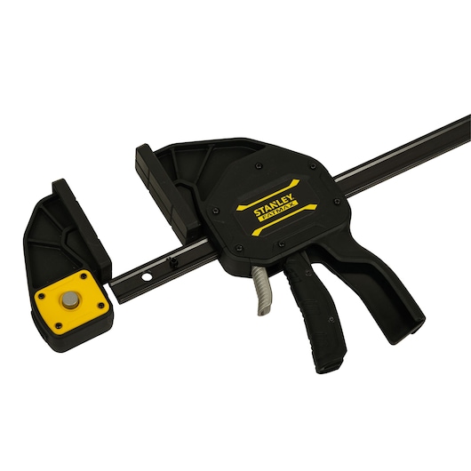 STANLEY FMHT0-83241 bar clamp with black and yellow accents, shown from a top angle on white background.