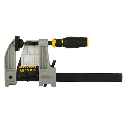 STANLEY FMHT0-83244 heavy-duty bar clamp with black and yellow rubber handle, side view on white background.