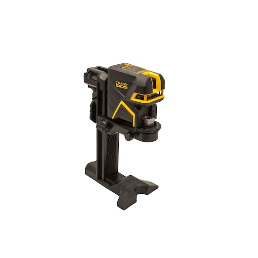 STANLEY FMHT1-77435 black and yellow laser level on stand, product photography, front angle on white background.