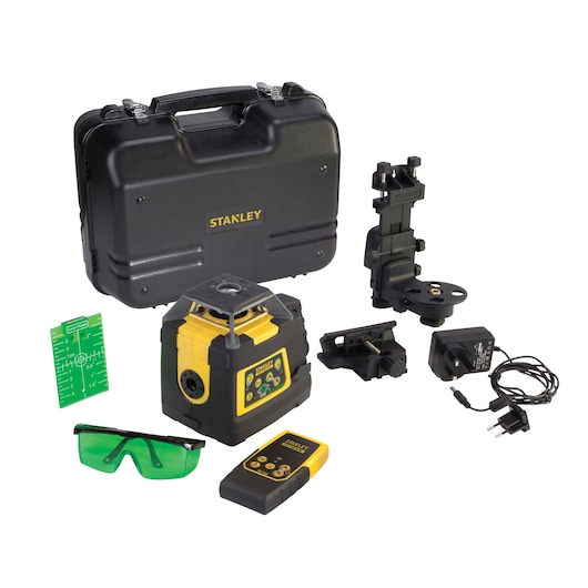 STANLEY laser level kit with case, remote, green glasses, charger, and mounting accessories.