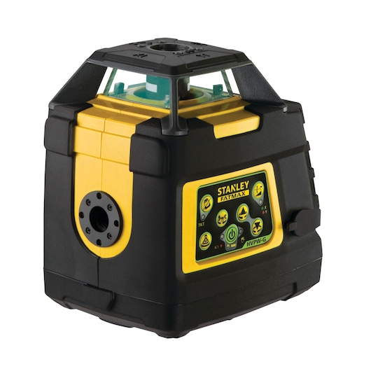 Photo of STANLEY FMHT1-77441 rotary laser level, black and yellow, front-side angle, visible control panel.