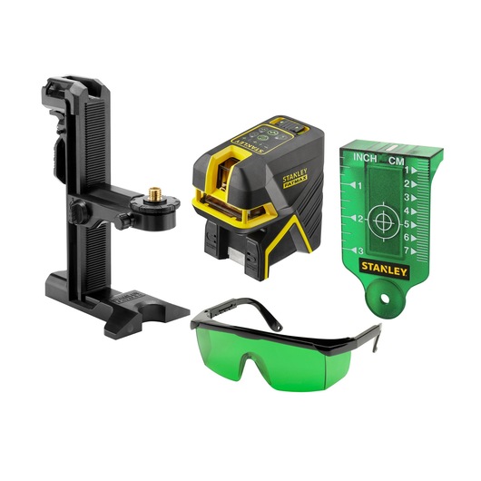 Stanley laser level kit with bracket, green glasses, and a green target card, shown on a white background.