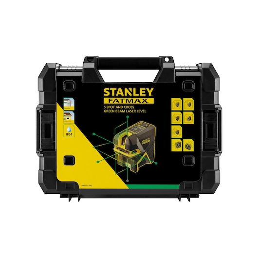STANLEY FMHT1-77442 laser level hard case, black and yellow, front angle on white background.