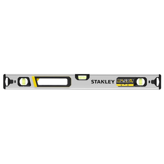 Photo of STANLEY FMHT43673-1 spirit level, silver with black and yellow accents, front view on white background.