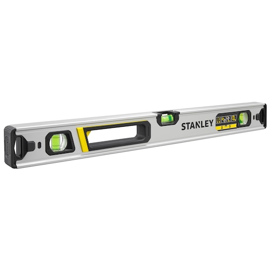 STANLEY FMHT43673-1 aluminum spirit level with three vials, black and yellow handle, side angle on white.