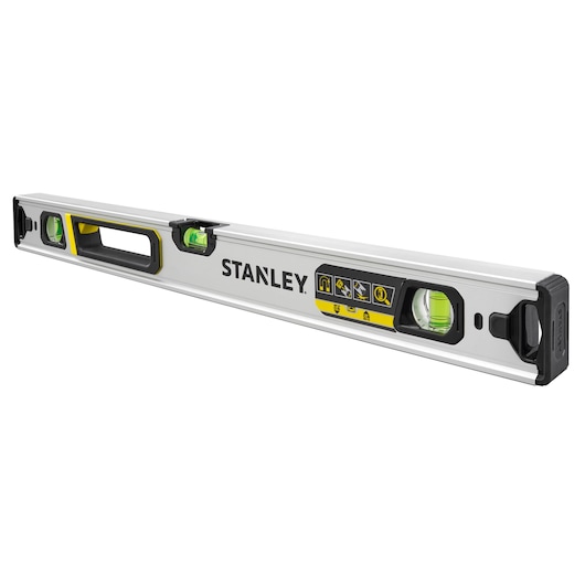 STANLEY FMHT43673-1 spirit level with three vials, silver body, black and yellow accents, angled view.