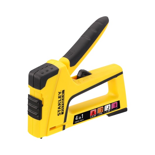 Yellow STANLEY FATMAX 4-in-1 staple and nail gun, ergonomic handle, model FMHT6-70411, shown on white background.