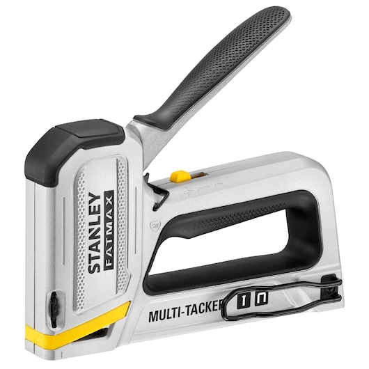Photo of STANLEY FMHT70250-0 multi-tacker stapler, silver with black and yellow accents, side angle view.