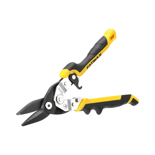 Stanley FatMax aviation snips with black and yellow ergonomic handles, designed for cutting metal sheets.