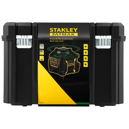Photo of STANLEY FMHT77448-1 black hard case for RL750L-G laser level, front angle with yellow accents.