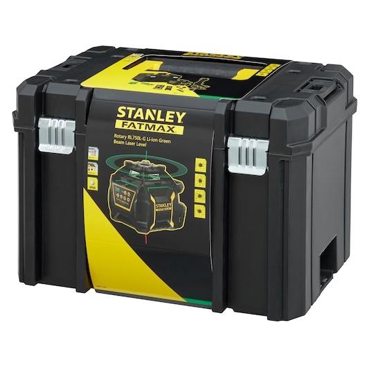 STANLEY FMHT77448-1 black plastic tool case, side angle, with FATMAX branding and green label graphics.