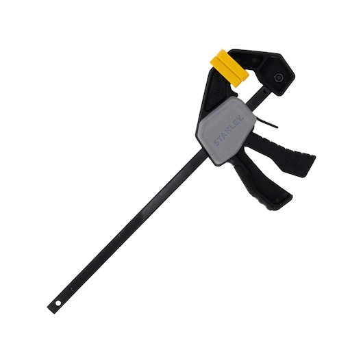 STANLEY FMHT83270-0 trigger clamp with black and yellow accents, side angle on white background.
