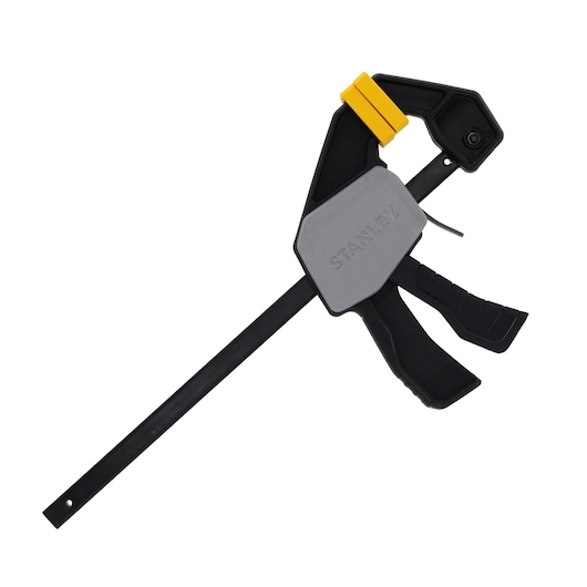 STANLEY FMHT83271-0 quick change bar clamp with black and yellow accents, side angle on white background.