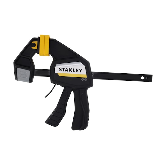 STANLEY FMHT83273-0 bar clamp with black and yellow body, side angle on white background.