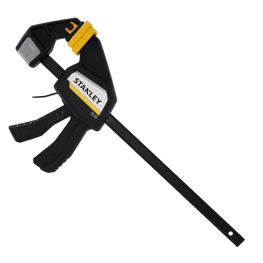 STANLEY FMHT83274-0 black and yellow quick-release bar clamp, side angle on white background.